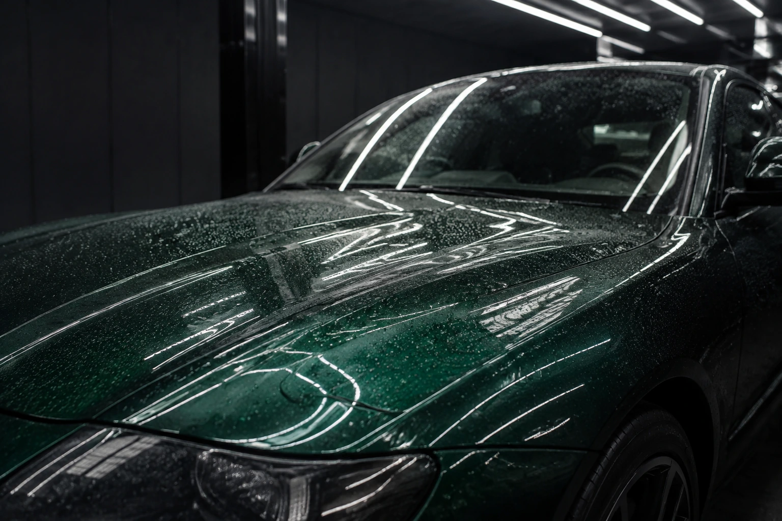 Water beading across the glossy emerald paint of a coated car bonnet