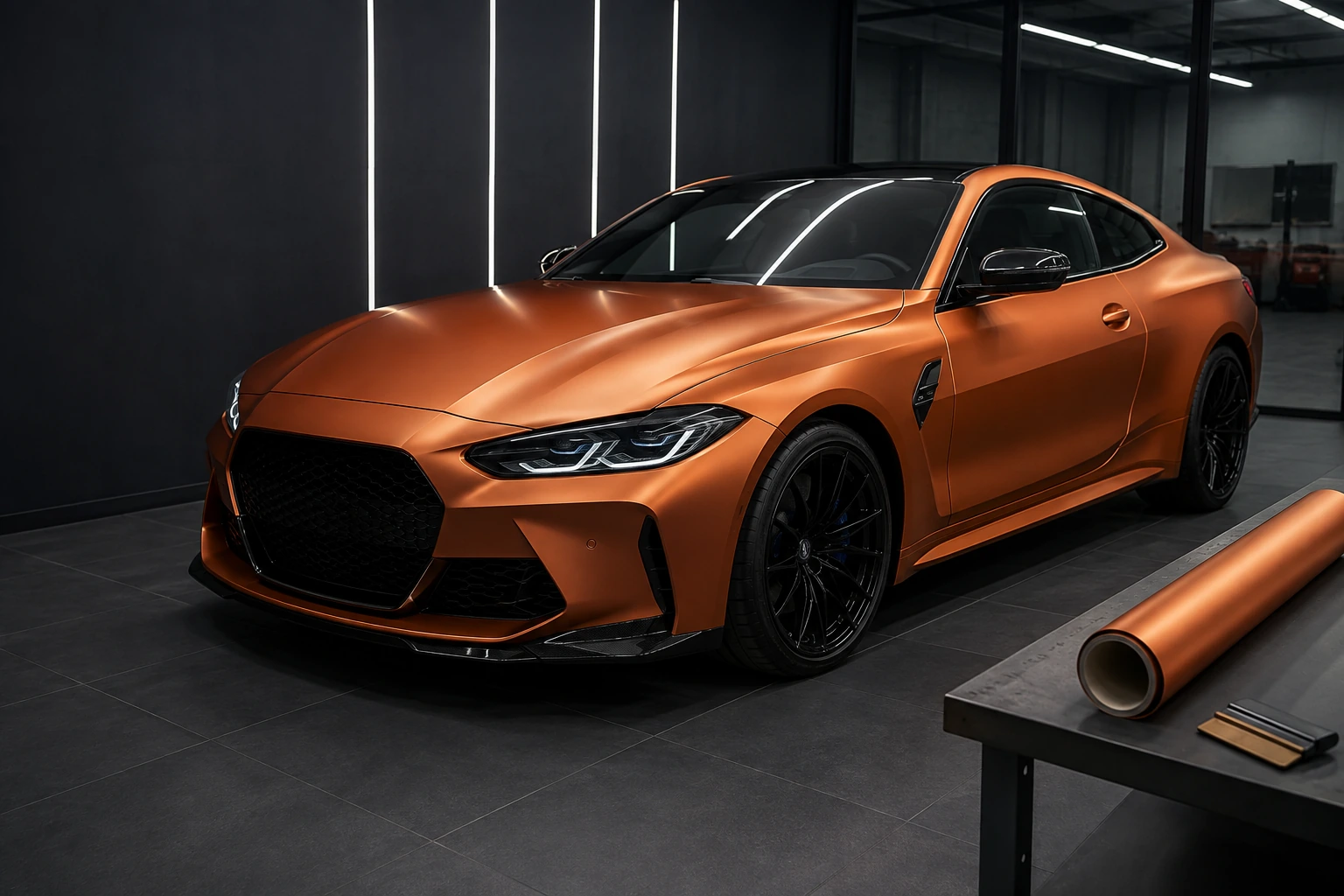 A satin copper coupe with a matching roll of vinyl in a wrapping studio